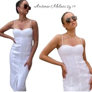 NWT Antonio Melani White Stretch Linen Sweetheart Midi Dress Size 14